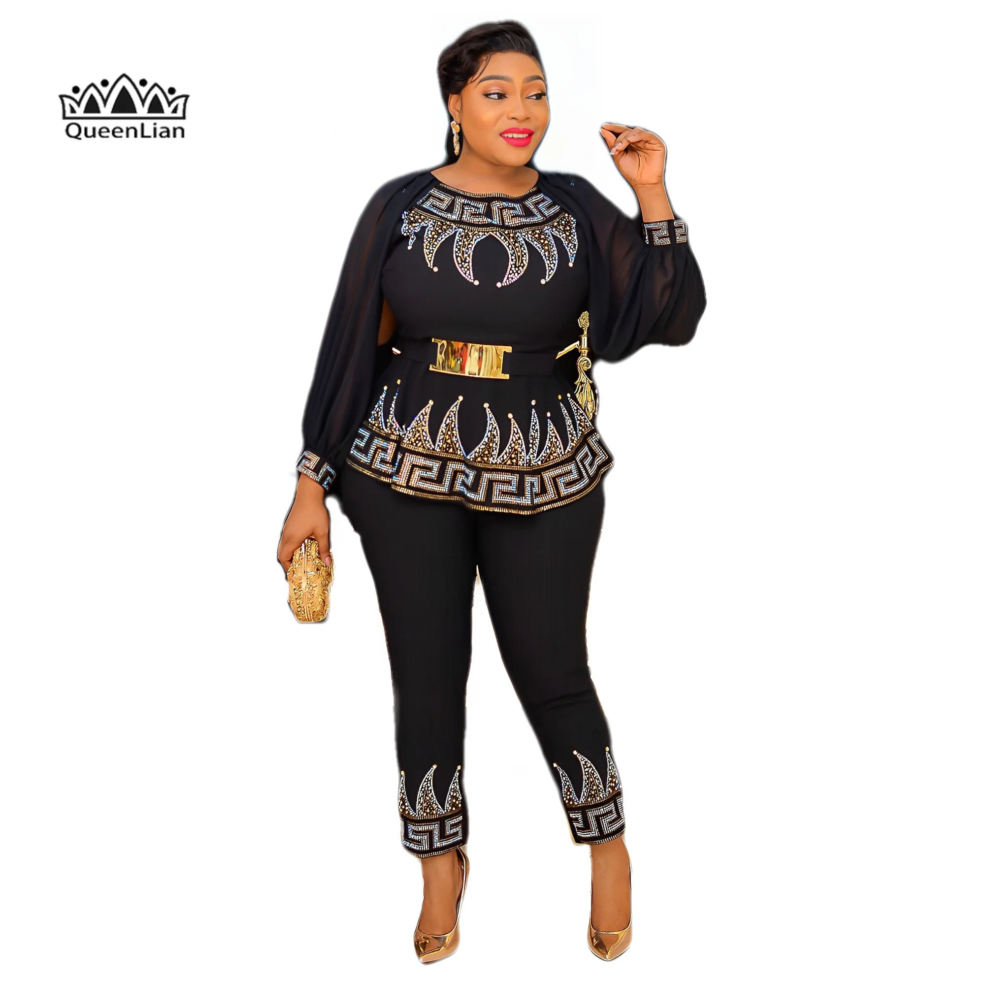 Top Trends: Stunning Fashion Rhinestone Waist Top With Slim Fit Pants Set And Belt - 3-piece African Suit Clothing African Clothes For Women Shoppable Styles