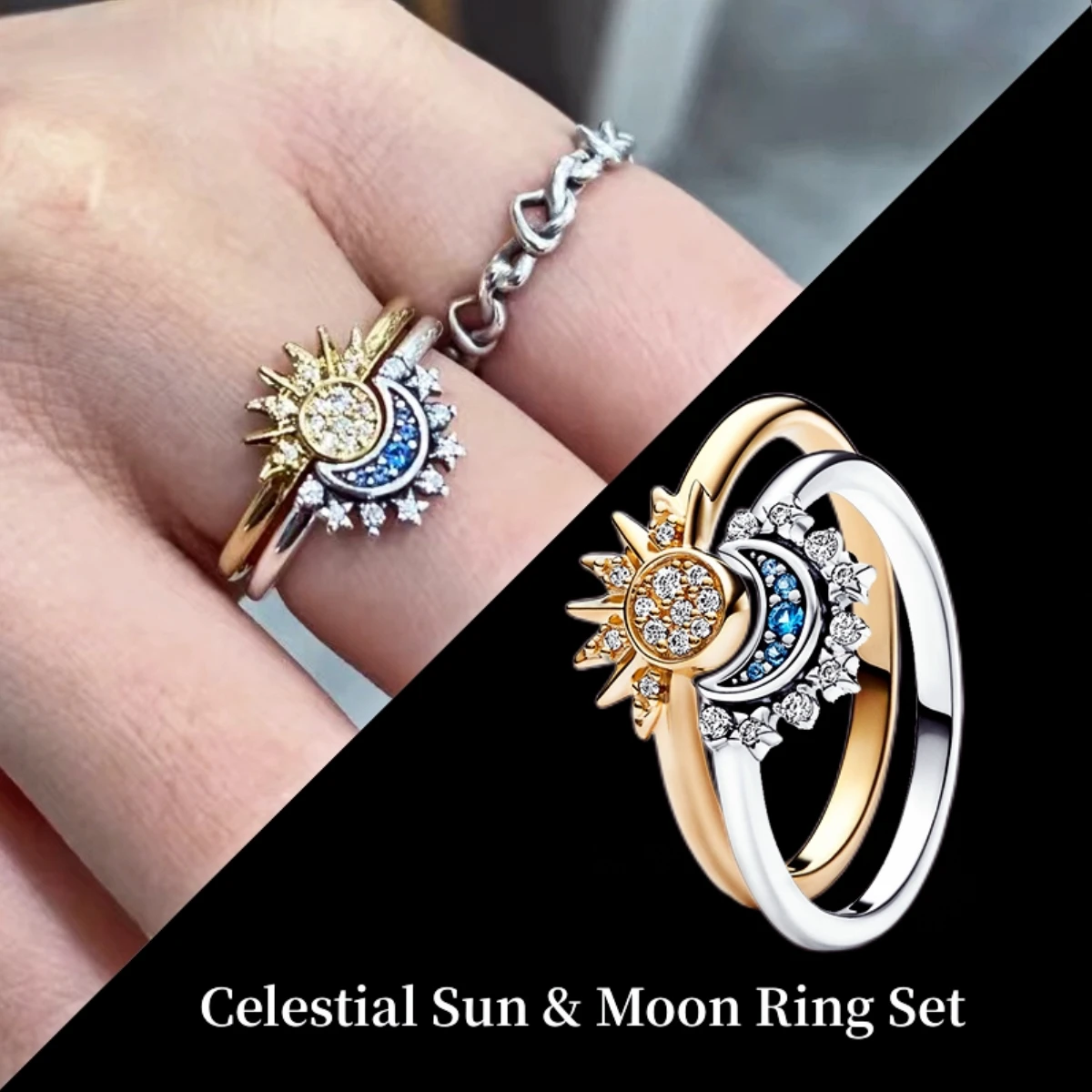 Top Trends: Hot Sale 925 Sterling Silver Gold Moon And Sun Ring Set Diamond Heart Sparkling Rings For Women Fine Jewelry Party Gift Charming Shoppable Styles