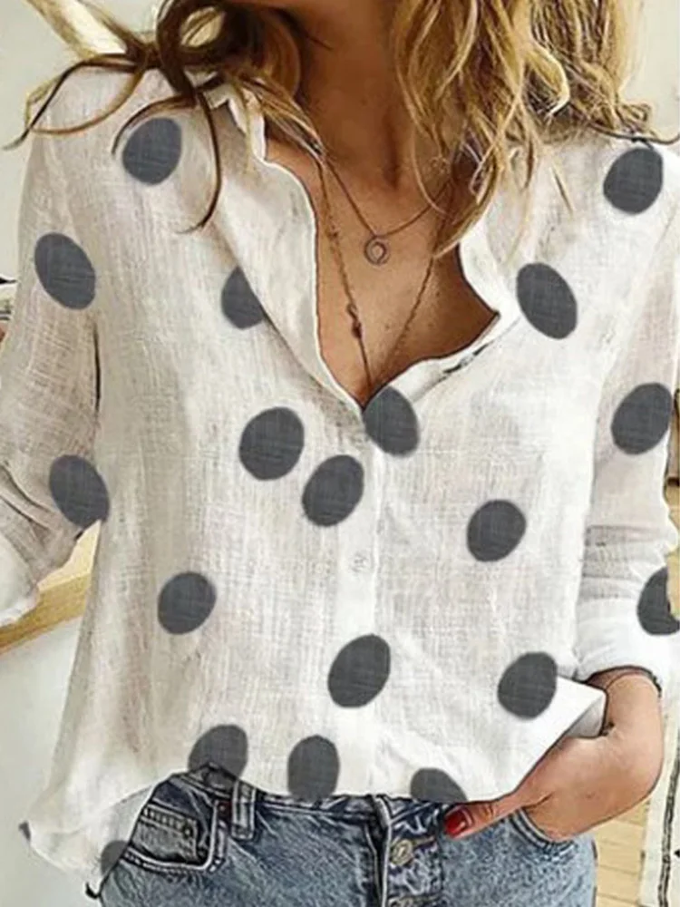 Top Trends: Elegant Cotton Linen Shirts Women Polka Dot Print Button Lapel Blouses Shirts Simple Commute Long Sleeve Loose Tops Tunic Blusas Shoppable Styles