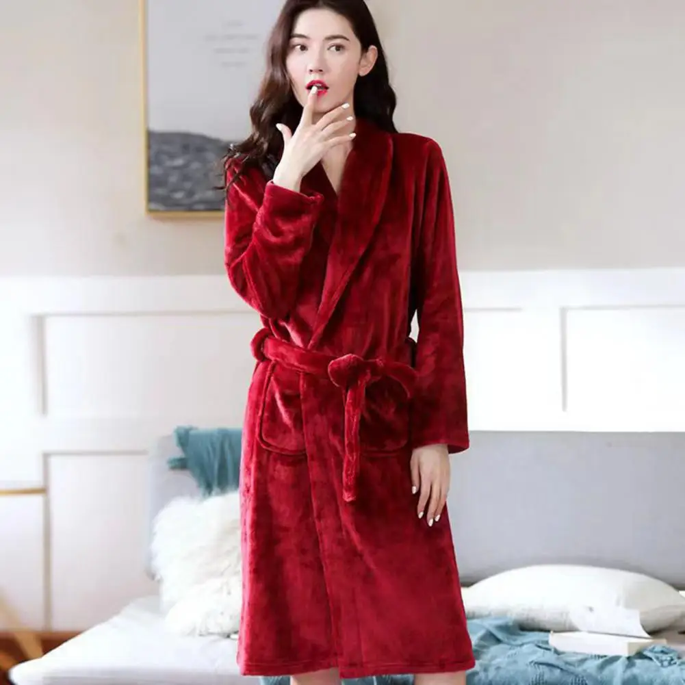 Top Trends: Coral Fleece Women Men Bathrobe Thick Warm Water Absorbent Winter Lace Up Cardigan Lapel Pockets Bath Robe Nightgown Dress Shoppable Styles