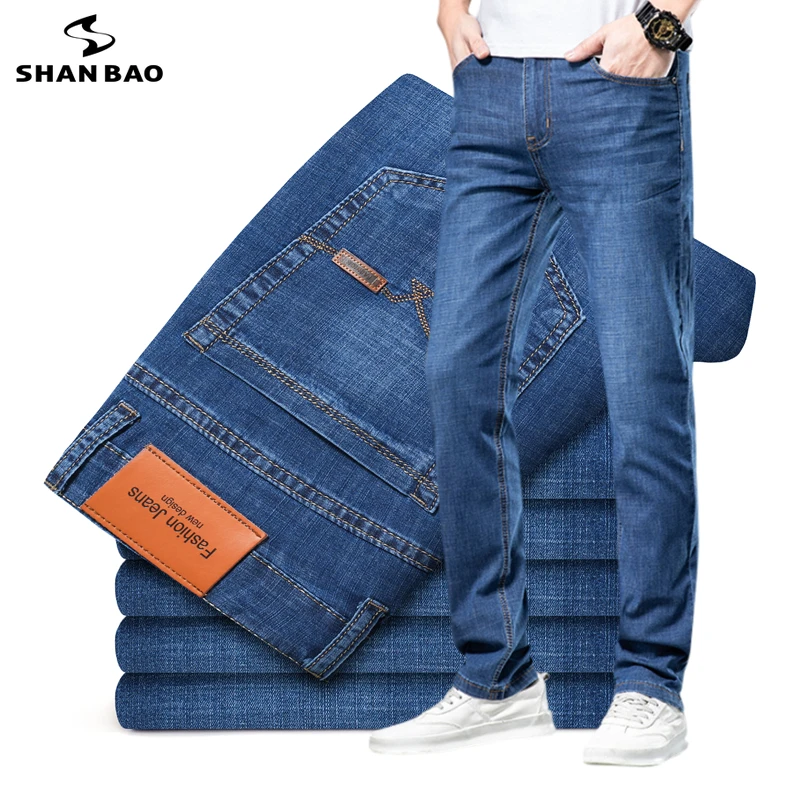 Top Trends: 2022 Summer Brand New Men&#039;s Fit Straight Lightweight Cotton Stretch Jeans Classic Casual Wear Mid High Waist Slim Fit Thin Pants Shoppable Styles