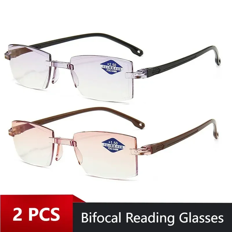 Top Trends: 2PCS Rimless Bifocal Progressive Reading Glasses Men Women Near And Far Anti-blue Light Eyesglasses Vintage Prescription Eyewear Shoppable Styles