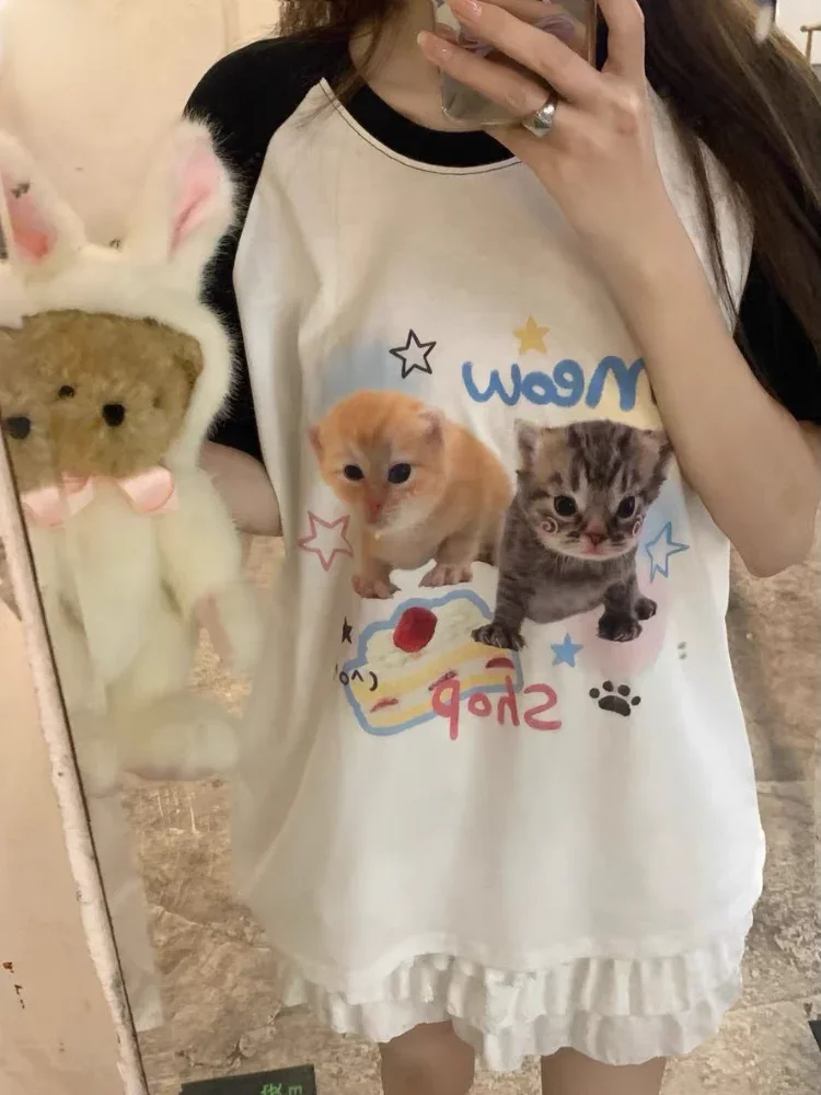 Top Trends: ADAgirl Kawaii Cat Print T-shirts Women Japan Style Kitten Short Sleeve Cutecore Tops Sweet Girl Y2k For Teen Aesthetic Clothes Shoppable Styles