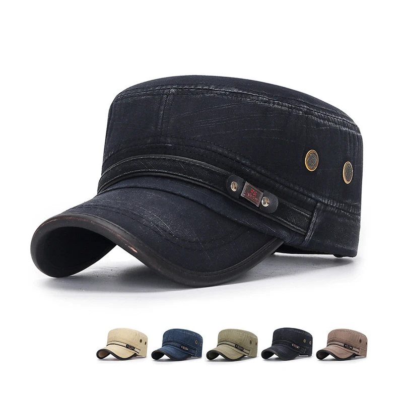 Top Trends: Classic Vintage Washed Cotton Military Caps Flat Top Mens Adjustable Fitted Thicker Cap Sunshade Ear Caps Winter Warm Hat Shoppable Styles