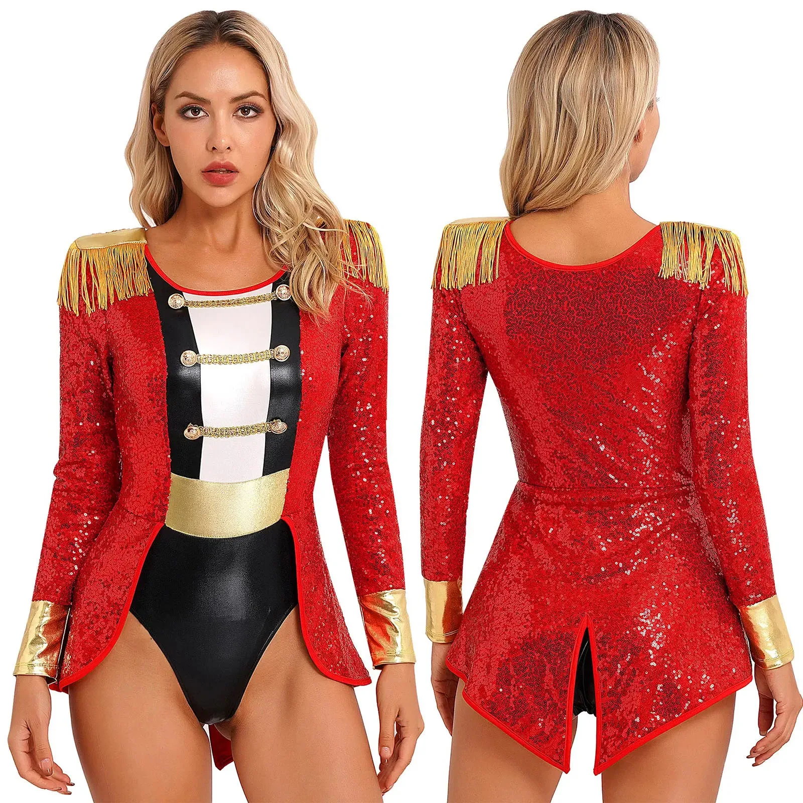 Top Trends: Womens Circus Ringmaster Cosplay Costumes Halloween Carnival Party Long Sleeve Sequins Tassel Tuxedo Leotard Bodysuit Jumpsuit Shoppable Styles