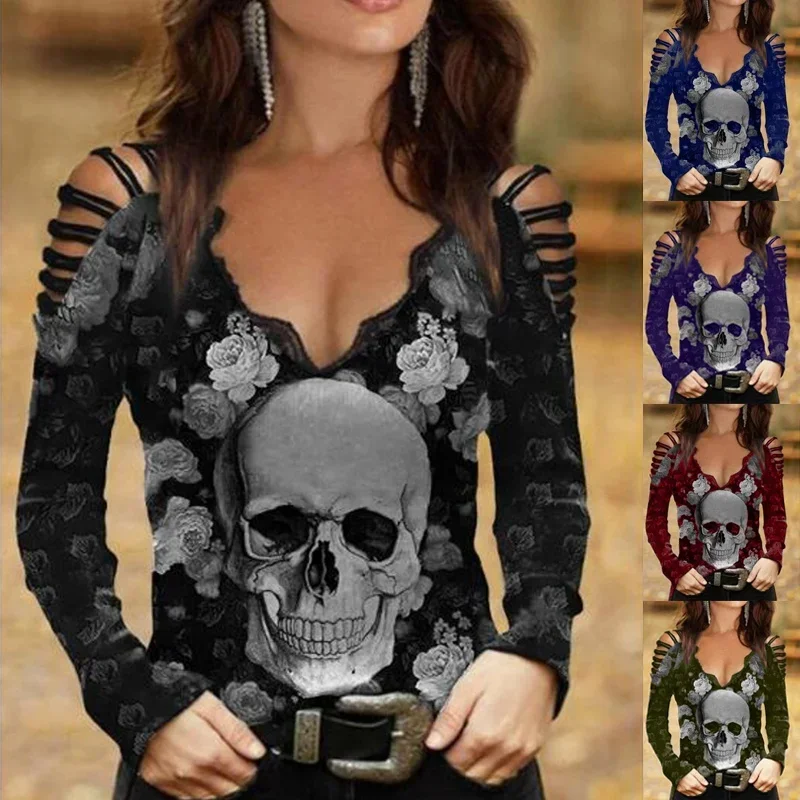 Top Trends: Cool Summer New Women T-Shirt Fashion Casual V-Neck Off Shoulder Sexy Skull Head Printed T-Shirt Gothic Hollow Long Sleeve Top Shoppable Styles