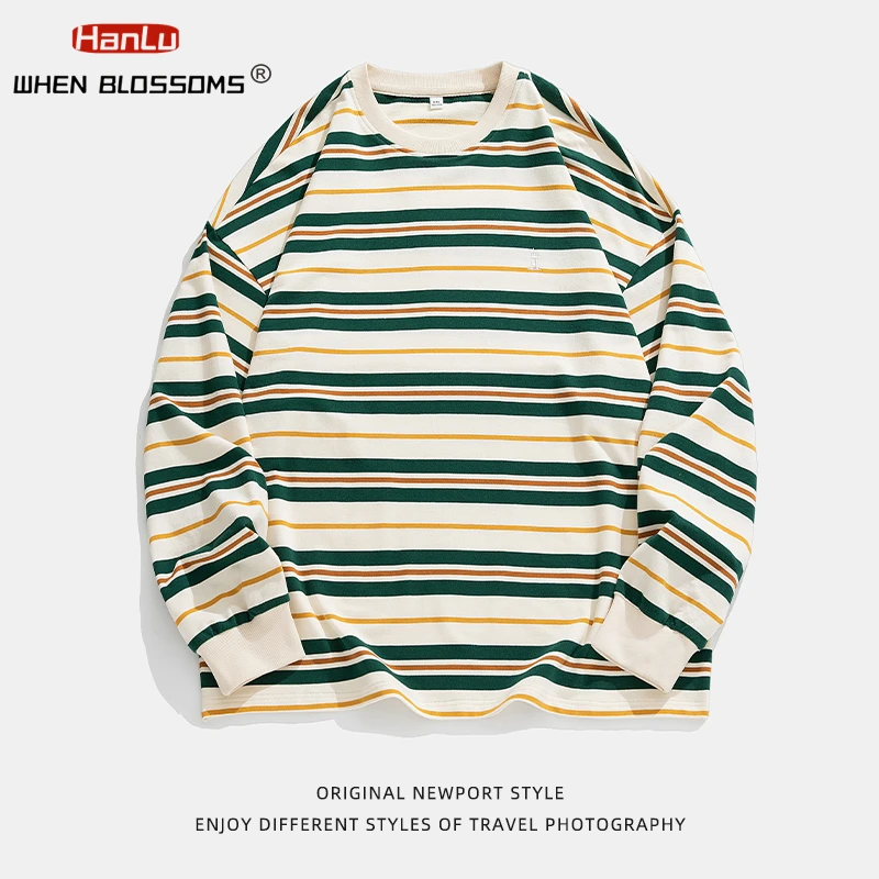 Top Trends: Embroidered Striped Contrast Round Neck Cotton Sweatshirts Autumn Fashion Brand Loose Couple Unisex Long Sleeve T-shirt For Men Shoppable Styles