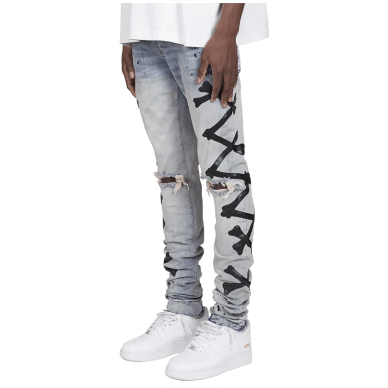 Top Trends: Ripped Jeans For Men Stretch Slim Printed Bones Skinny Pants Men Hip Hop Denim Trousers Streetwear Casual Stacked Jeans Blue Shoppable Styles