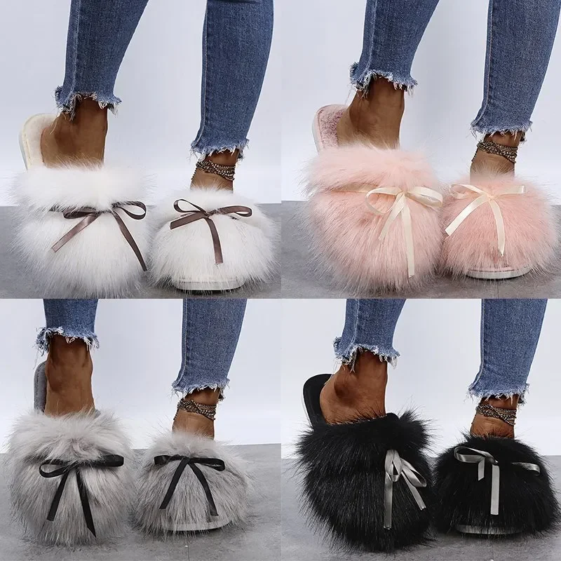 Top Trends: Winter Bowknot Plush Slippers For Women 2024 New Christmas New Year Warm Soft Home Shoes Korean Casual Flat Bottom Slippers Shoppable Styles