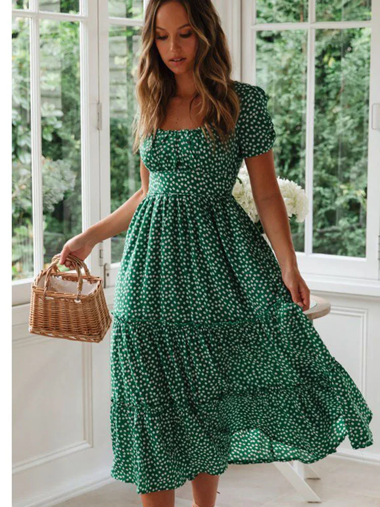 Top Trends: Summer Woman Floral Print Dress Fashion Casual Elegant Short Sleeve Dress Square Collar Beach Party Long Dress For Women Robe Shoppable Styles