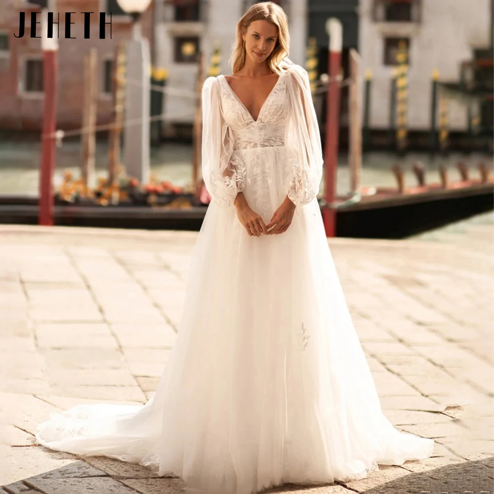 Top Trends: JEHETH Sexy V Neck Lace Wedding Dresses 2024 Simple Long Puff Sleeves Bride Gowns Appliques Backless Robe De Marié Custom Made Shoppable Styles