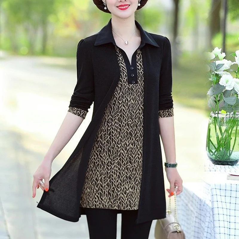 Top Trends: Korean Elegant Middle Aged Women Spring Autumn New Fashion Bright Silk Fake Two Pieces Tunic Blouse Top Long Sleeve Loose Shirts Shoppable Styles - Image 3