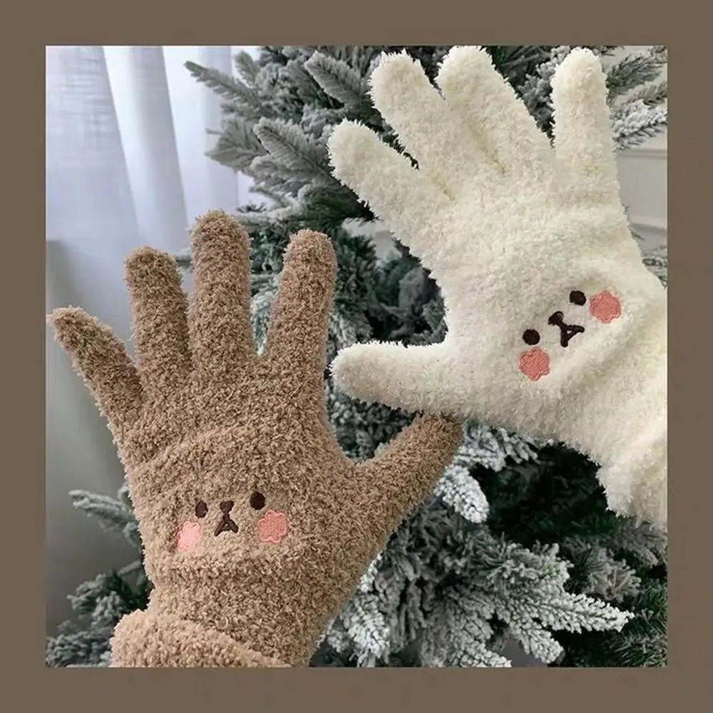 Top Trends: Winter Plush Cute Girl Gloves Warm Finger Gloves Embroidery Blush Bear Wool Mittens Student Cold Outdoor Cycling Gloves Shoppable Styles