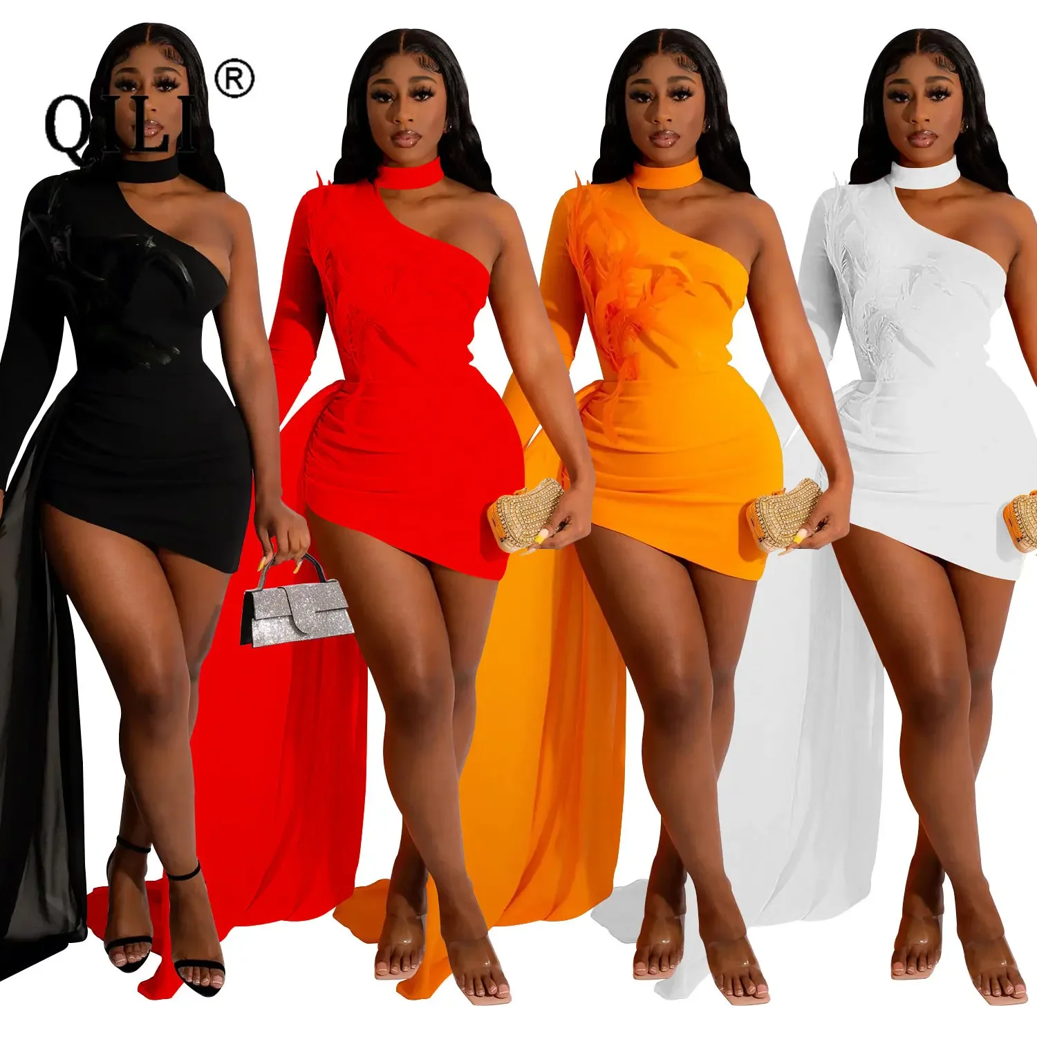 Top Trends: Women's Cape Feather Single Long Sleeve Oblique Orange White Black Red One Shoulder Dresses Shoppable Styles