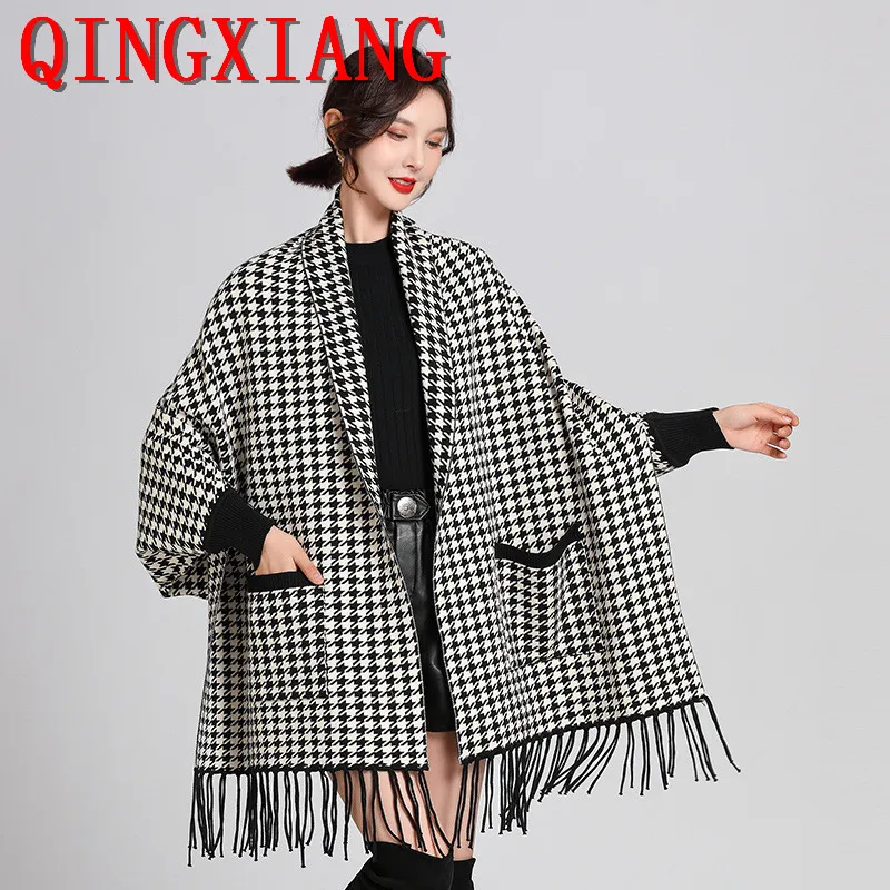 Top Trends: 2022 Women Outstreet Houndstooth Loose Knitwear Capes Autumn Winter Knitted Sleeves Long Poncho Tassel Shawl Coat With Pocket Shoppable Styles