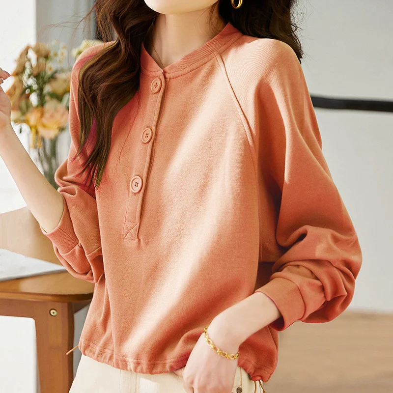 Top Trends: Autumn Winter Solid Color Loose Casual Cotton Sweatshirt Ladies Long Sleeve Simple Fashion Tops Women All-match Buttons Pullover Shoppable Styles