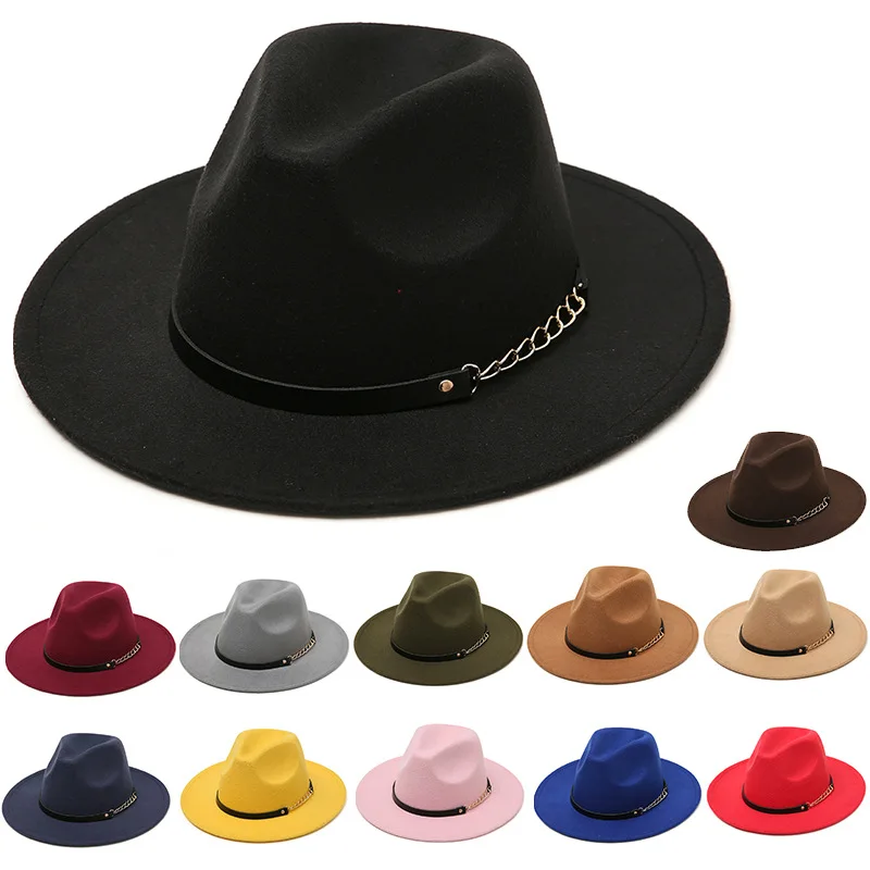 Top Trends: Autumn And Winter Trendy Simple Wool Felt Big Brim Hat Men And Women Woolen Chain Hat British Style Classic Retro Jazz Hat 1pcs Shoppable Styles