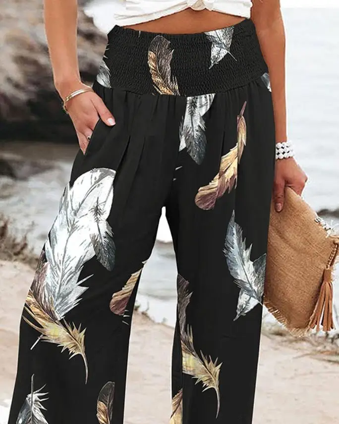 Top Trends: Casual Chic Feather Print High Waist Wide Leg Pants Pocket Shirred Design Daily Vacation Fashion Women's Pants Shoppable Styles - Image 2