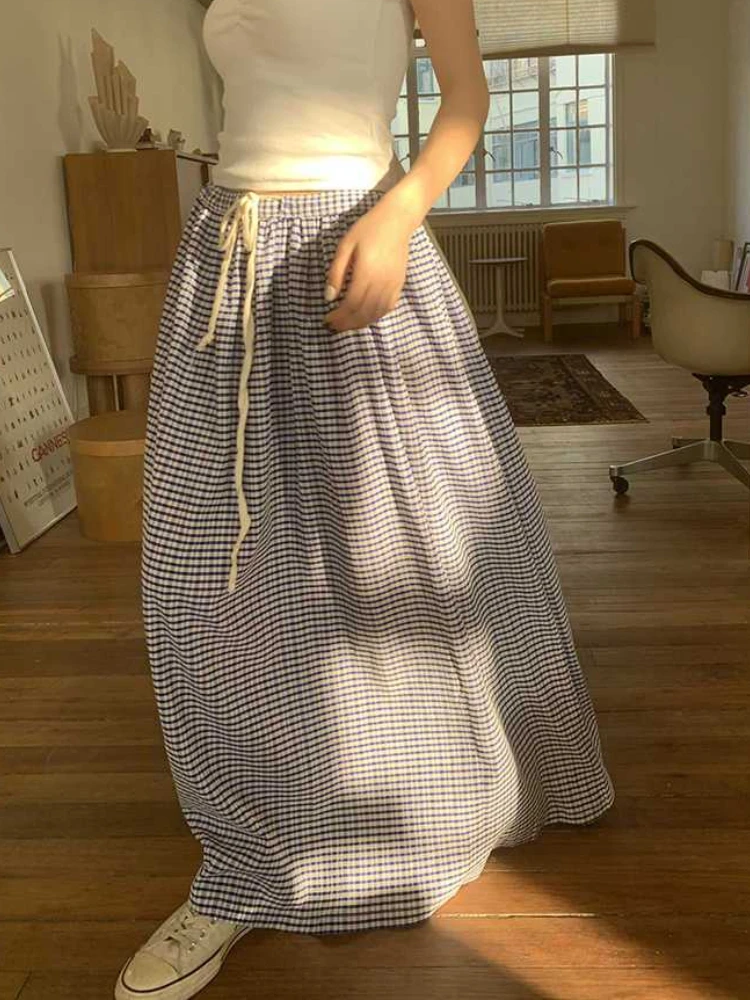 Top Trends: DEEPTOWN Korean Style Plaid Skirt Long Women Blue High Waist A-line Folds Lace-up Casual Fashion Maxi Skirt Summer Beach Girl Shoppable Styles