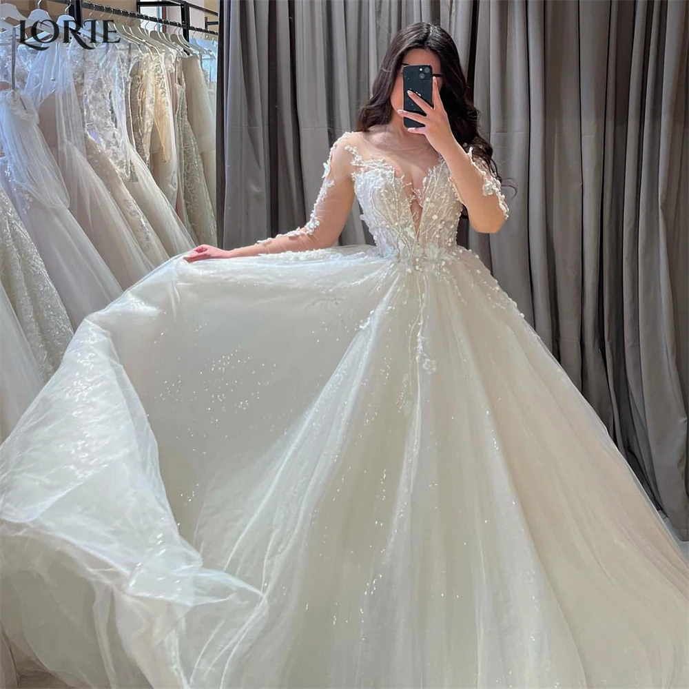 Top Trends: LORIE Vintage Glitte Lace Wedding Dresses Appliques Long Sleeves V-Neck A-Line Bridal Gowns Flowers Princess Bride Dress 2024 Shoppable Styles