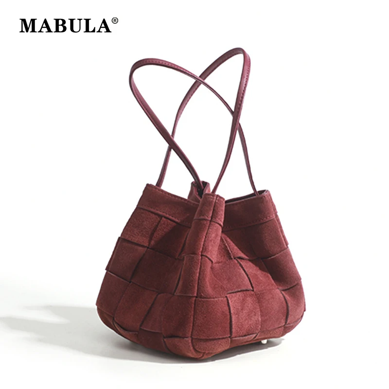 Top Trends: MABULA Handmade Woven Leather Female Fashion Shoulder Purse Red Suede Woman Bucket Tote Bag Elegant Shopping Ladies Hobo Bag Shoppable Styles