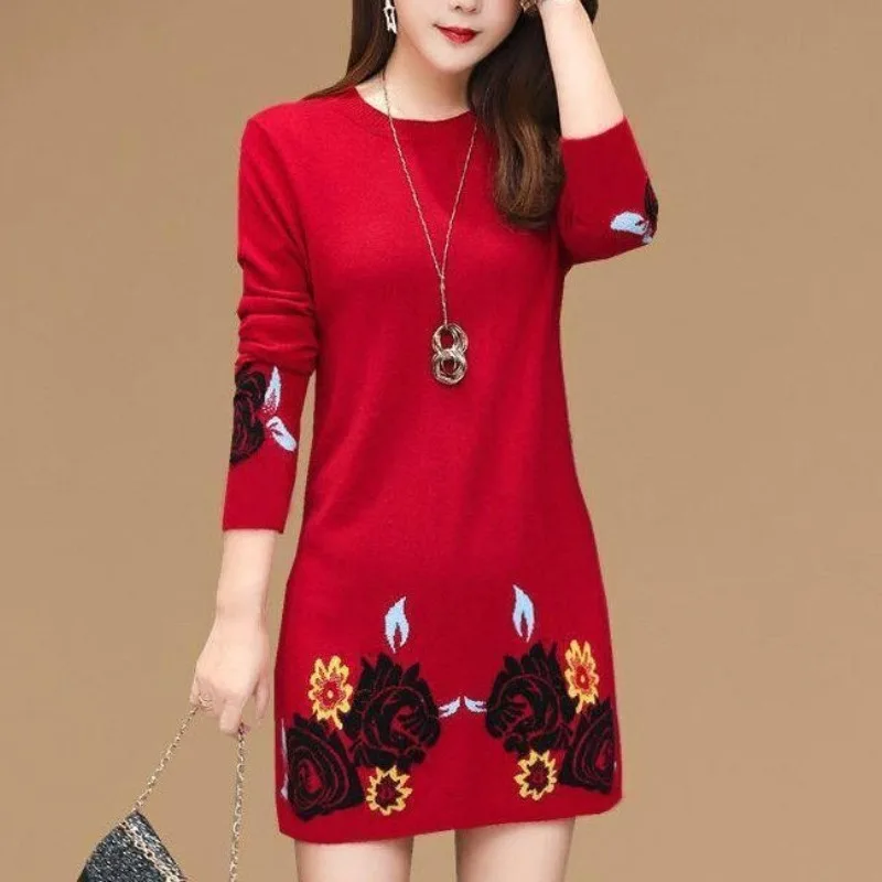 Top Trends: Autumn And Winter Women&#039;s Round Neck Long Sleeve Slim Pullover Plus Size Midi Underlay Printing Fashion Casual Office Lady Dress Shoppable Styles