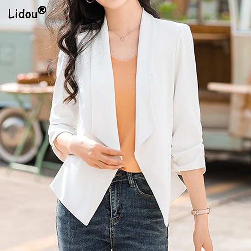 Top Trends: Intellectual Notched Loose Blazers Solid Color Cardigan Creative Temperament Office Lady Elegant Casual Women&#039;s Clothing Thin Shoppable Styles