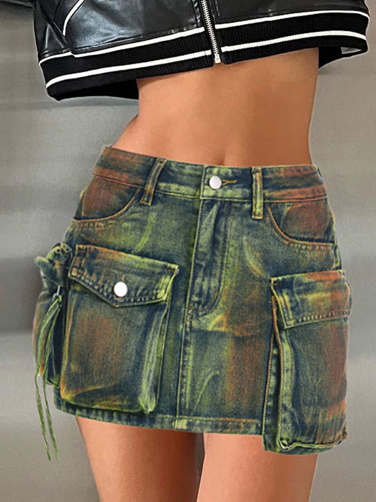 Top Trends: IAMSURE Safari Style Big Pockets Denim Skirt Sexy Slim Mid-Waisted Mini Skirts Women 2023 Summer Fashion Streetwear Ladies Shoppable Styles - Image 6