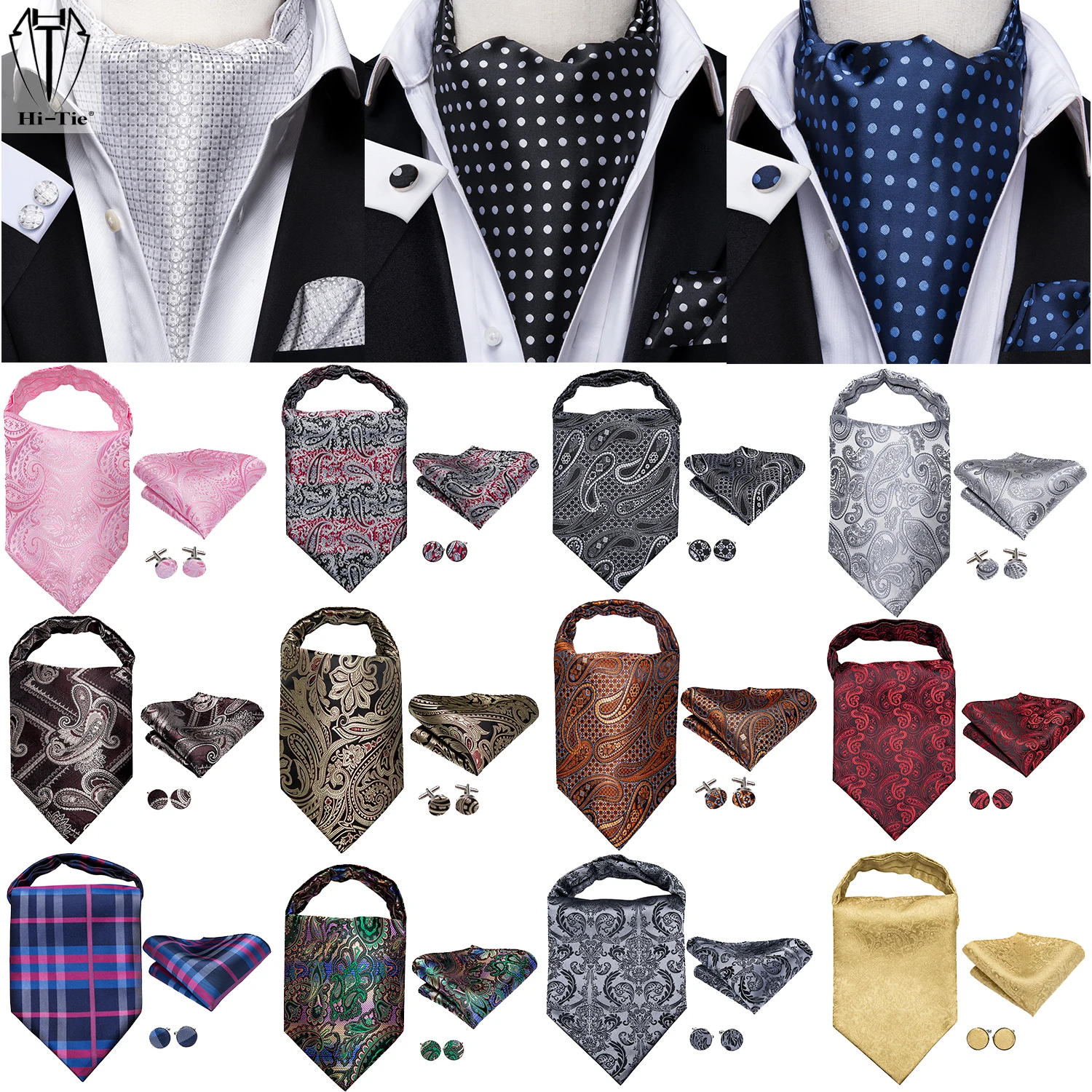 Top Trends: Hi-Tie Silk Mens Ascots Hanky Cufflinks Set Jacquard Paisley Floral Cravat Tie Self Vintage Ascot Black Gray Red Gold Pink Blue Shoppable Styles