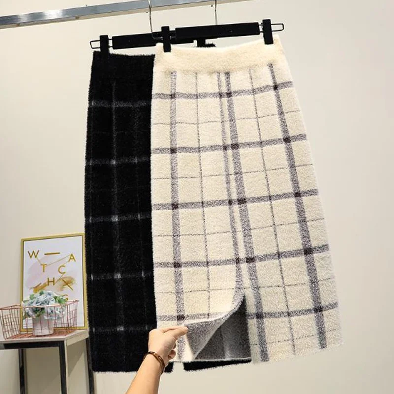 Top Trends: Autumn Winter New High Waist Split Hem A-line Skirt Plaid All-match Elegant Knitting Skirts Fashion Temperament Women Clothing Shoppable Styles