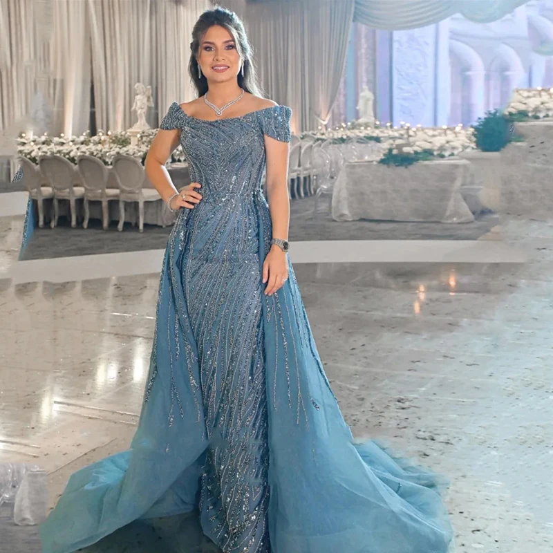 Top Trends: VENUS Dusty Blue Sequin Luxury Long Evening Dresses With Detachable Train Off The Shoulder Dubai Arabic Prom Wedding Gowns Shoppable Styles