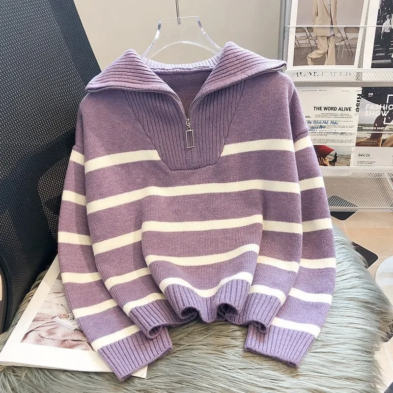 Top Trends: Warm Women Sweater Thick Winter Fashion Striped Zipper Jmuper Loose Korean Knitted Female Pullover Blouse Shoppable Styles - Image 3