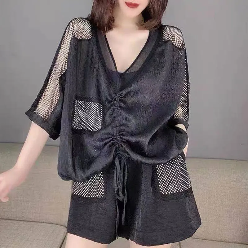 Top Trends: Female Casual Bright Silk Short Sets Pockets Spliced Elegant V-Neck Hollow Out Summer Shirring Drawstring Loose Matching Sets Shoppable Styles