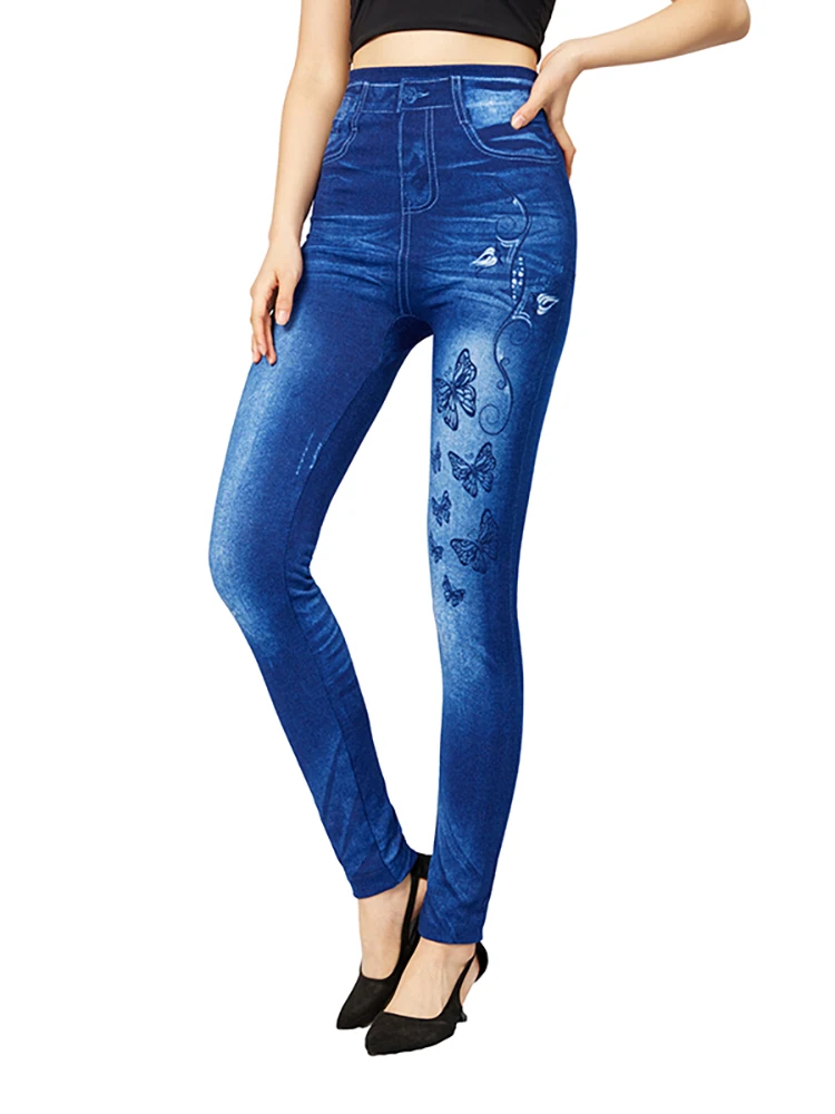 Top Trends: CUHAKCI Left Butterfly Print Women Faux Jeggings Sexy Slim Fit Leggings Skinny Workout Jeans Elegant Lady Fake Denim Pencil Pant Shoppable Styles