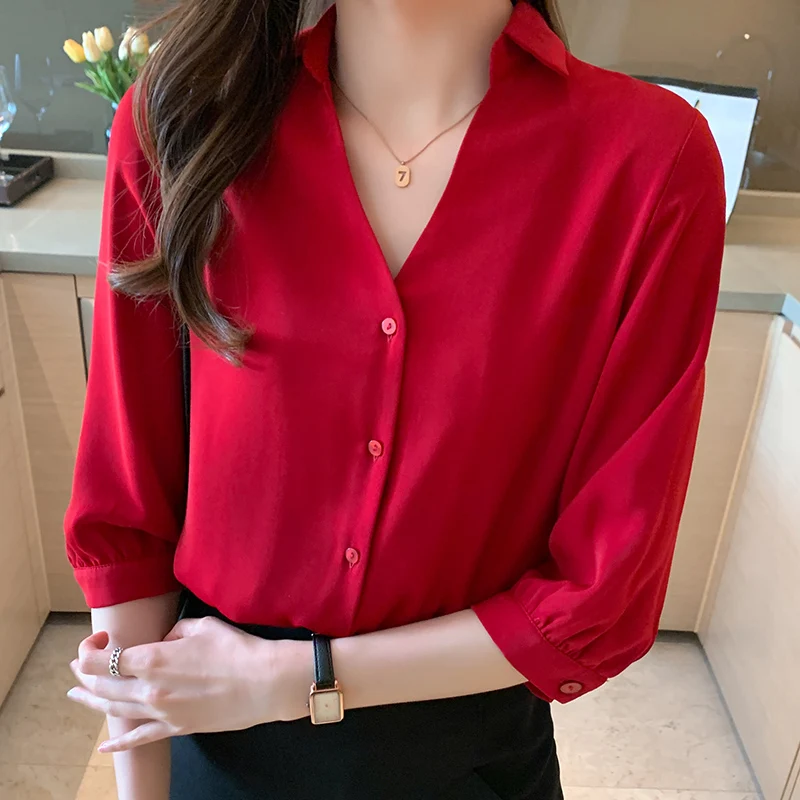 Top Trends: Women's Shirt Vintage Red Button Blouses For Women Short Sleeve Shirts Female Top Polo Neck Solid Blouse Office Lady Basic Shirt Shoppable Styles