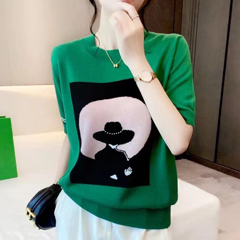 Top Trends: Knitted Tops Women Short Sleeve T Shirt Thin Ice Silk O Neck Tshirts Female Summer Casual Loose Woman Clothes Tees Shirt Femme Shoppable Styles