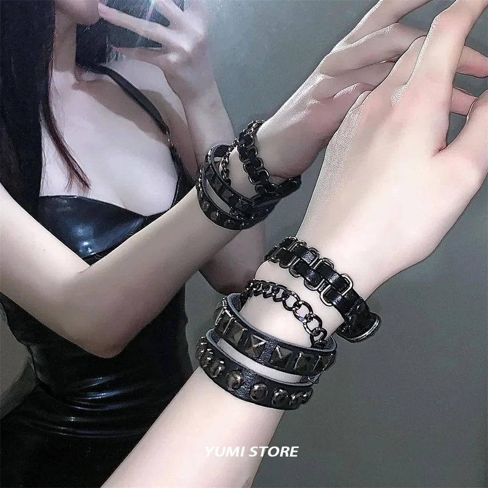 Top Trends: 2023 Punk Dark PU Bracelet For Women Men Hip Hop Rock Chain Multi Layered Bracelet Trend Retro Gothic Jewelry Dancer Accessories Shoppable Styles