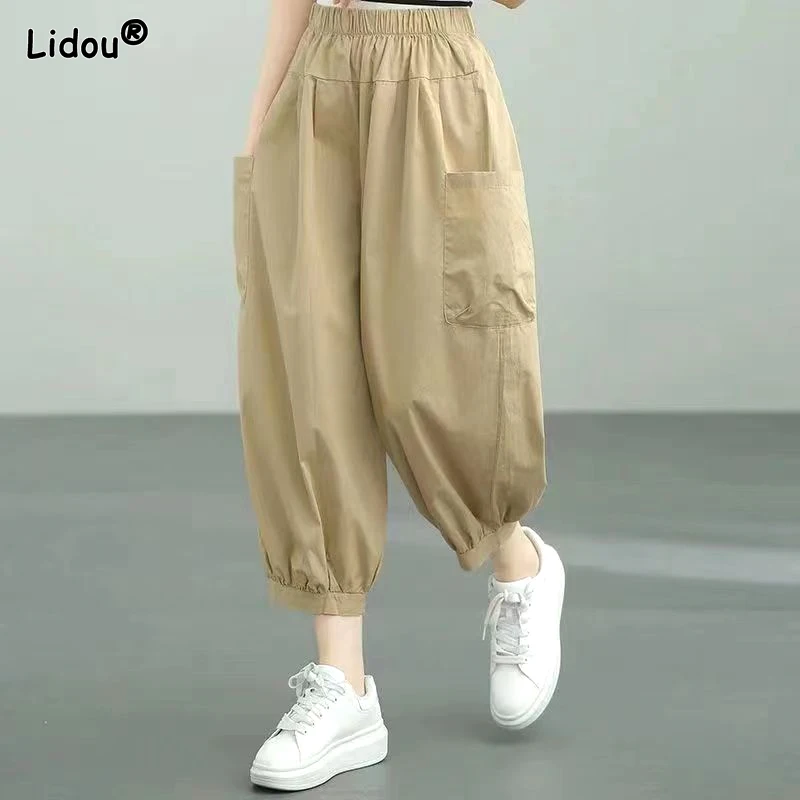 Top Trends: 2023 New Spring And Autumn Casual Loose Super Oversized High Waist Pocket Solid Color Tie Feet Fashion Nine Point Lantern Pants Shoppable Styles