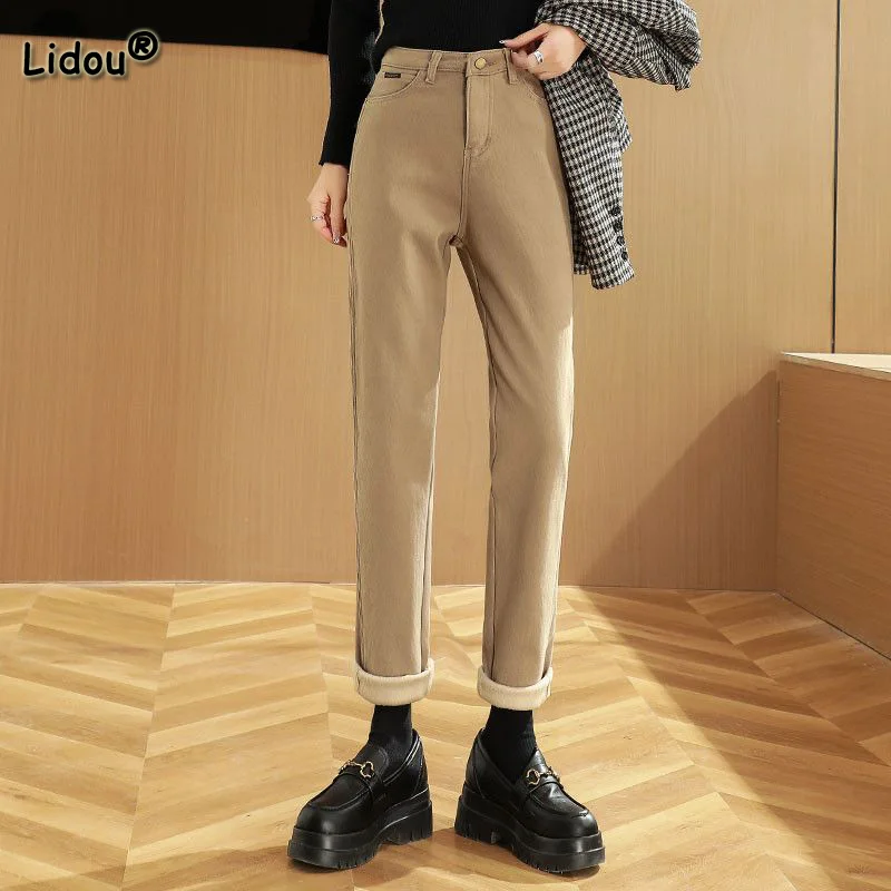 Top Trends: Casual 95% Cotton Solid Color Button Jeans Women Autumn Winter Regular / Plush And Thicken All-match Pockets Warm Straight Pants Shoppable Styles