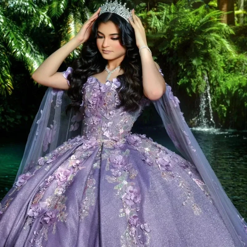 Top Trends: Lavender Shiny Sweetheart Quinceanera Dresses Beads 3DFloral Applique Lace Beads With Cape Sweet 15 Birthday Party Ball Gowns Shoppable Styles