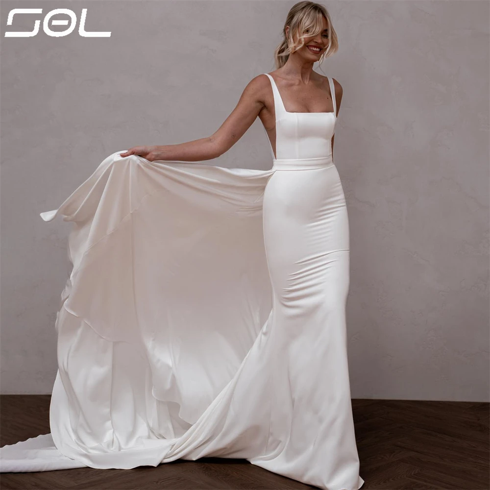 Top Trends: SOL Sexy Detachable Long Train Square Collar Wedding Dresses Elegant Backless Satin Mermaid Bridal Gowns Vestidos De Novia Shoppable Styles