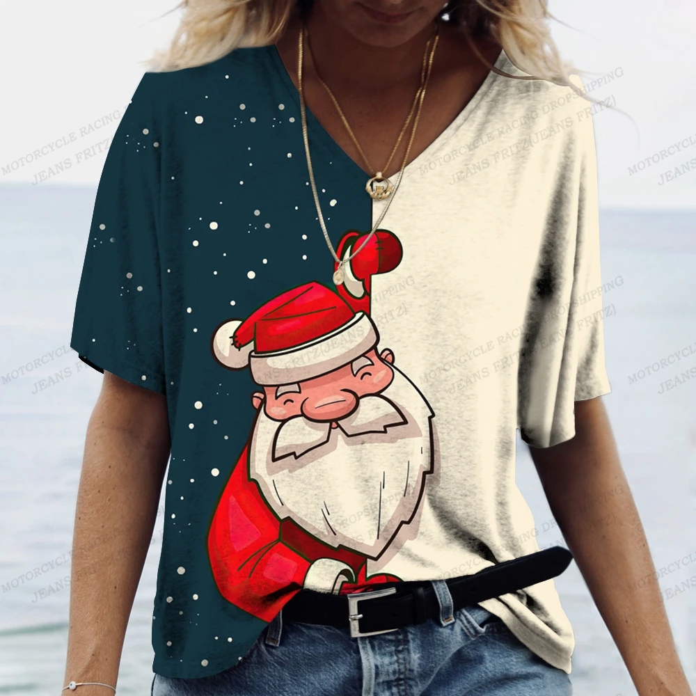 Top Trends: Santa Claus Print T Shirt For Women Christmas Harajuku Clothing Fashion V-neck Short Sleeve Tops New Year Party Female T-Shirts Shoppable Styles - Image 5