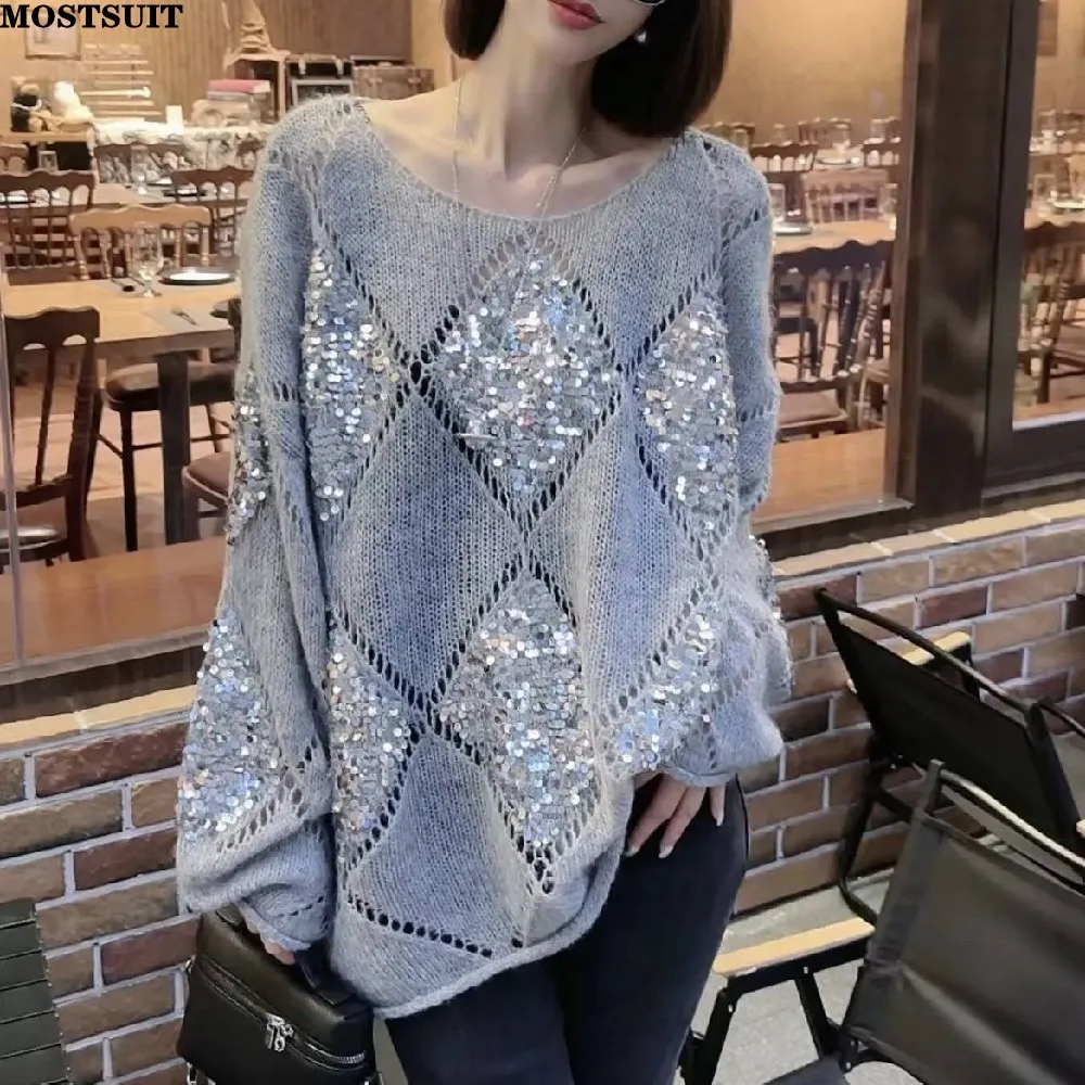 Top Trends: Argyle Sequins Loose Knitted Sweater Tops Women 2023 Autumn Oversized Stylish Fashion Chic Long Sleeve Knitwear Pullover Jumpers Shoppable Styles