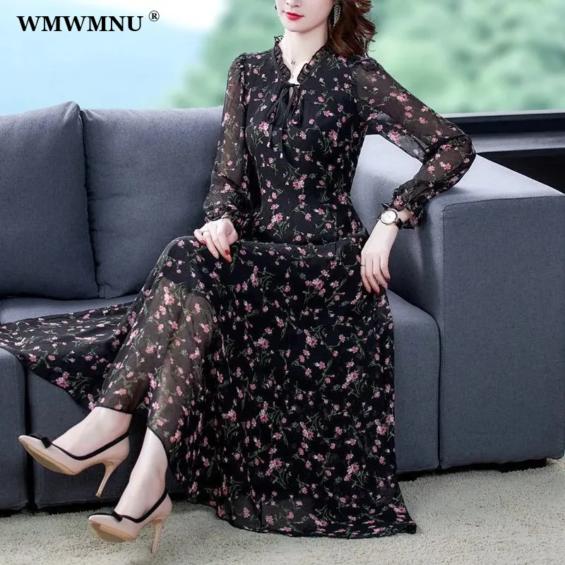 Top Trends: Black Long Sleeve Chiffon Floral Print Dress Women Oversized Robe Casual Summer Midi Dresses Ruffle Neck Korean Elegant Vestidos Shoppable Styles