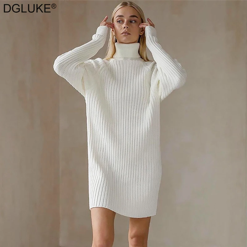 Top Trends: White Turtleneck Knitted Dresses Woman Winter Autumn Oversized Sweater Dress Fashion Long Sleeve Mini Dress Casual Knitwear Shoppable Styles