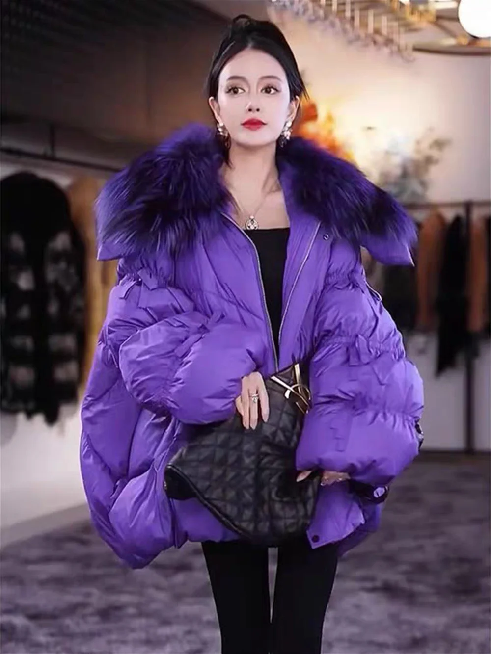 Top Trends: Xiaoxiangfeng Purple Jacket, Fashionable High-end Mid Length Thick And Loose Down Jacket With A Large Collar, Women's Winter New Shoppable Styles