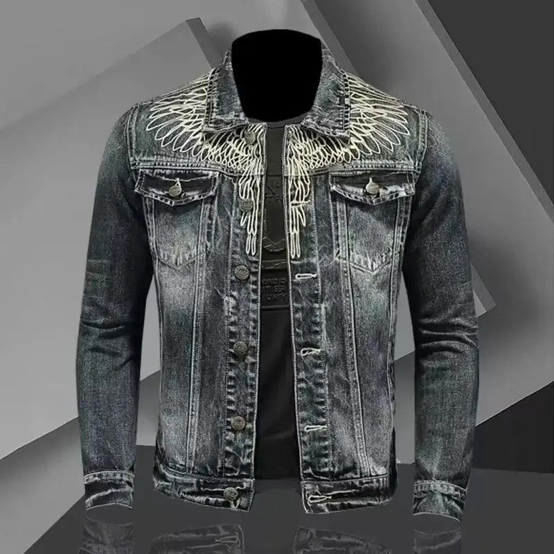 Top Trends: Men&#039;s Retro Denim Jacket High Street Trendy Embroidered Lapel Motorcycle Jacket Loose Casual Fashion Versatile Men&#039;s Clothing Shoppable Styles