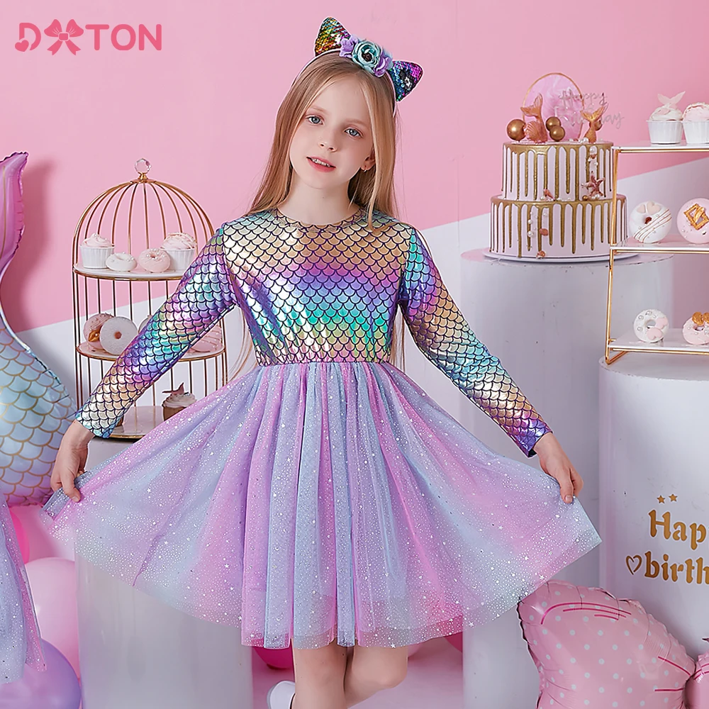 Top Trends: DXTON Kids Princess Dresses For Girls Children Mermaid Print Birthday Party Costumes Kids Long Sleeve Tutu Dresses Girls Clothes Shoppable Styles