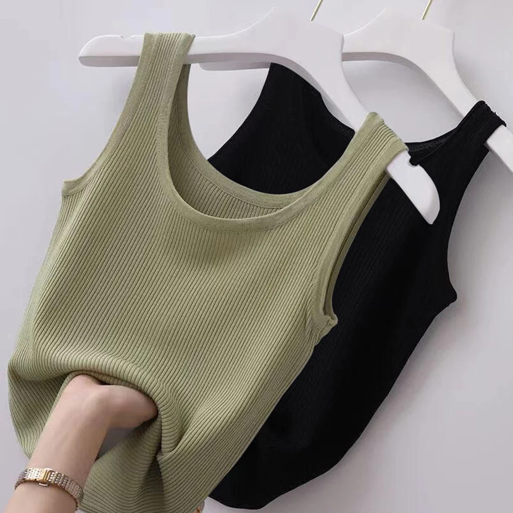 Top Trends: Women Ribbed Knitted Tank Top Solid Color Basic Strapy Camisole Sleeveless Crop Tops Square Neck Girls Vest For Women Tops Shoppable Styles