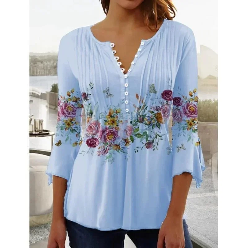 Top Trends: 2023 Autumn And Winter New Women Long Sleeve T-Shirt V-Neck Loose Blouse Flower Print Casual Shirt Female Comfortable Top S-5XL Shoppable Styles - Image 3